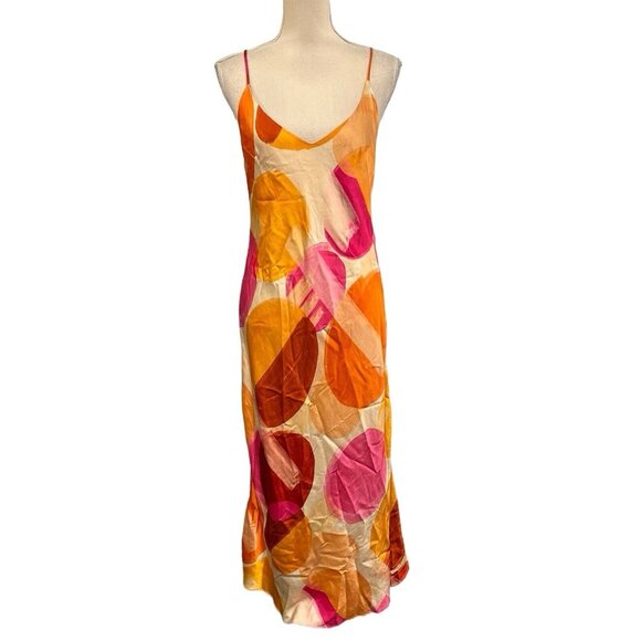 Shore Slip Dress Womens M Satin Colorful Watercolor Print Strappy Artsy Resort - Picture 2 of 9